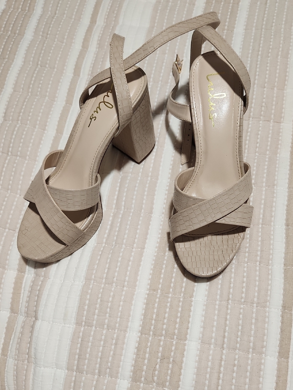 Lulu's Light Beige Croc-Texture Block Heel Sandals